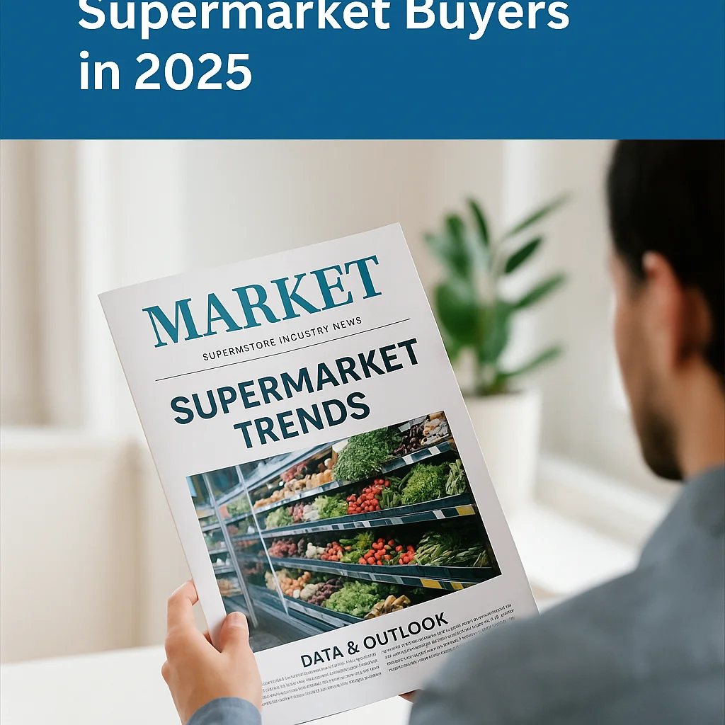 Man reading a supermarket industry magazine featuring supermarket trends — visual for article on how to reach supermarket buyers in 2025 Man reading a supermarket industry magazine featuring supermarket trends — visual for article on how to reach supermarket buyers in 2025